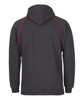 A dark grey hoodie featuring red contrast stitching and a hood, with a logo on the back.
