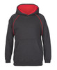 A black hoodie with a red interior and contrast stitching. It features a front pocket and a hood.