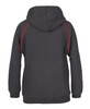 A black hoodie featuring red contrast detailing and a hood, showcasing the back view. It has a logo.