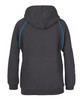 A black hoodie with a contrasting blue trim and a spacious hood, featuring a logo.