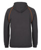 A back view of a black hoodie featuring contrast orange stitching and a hood. It includes a logo.