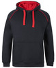 A black fleece hoodie with red accents and two red drawstrings, featuring a front pocket and a hood.
