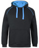 A black hoodie with a light blue inside hood and contrasting blue detailing, featuring a front pocket and drawstrings.