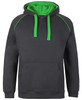 A grey hoodie featuring a green lined hood and drawstrings, with a front pouch pocket and a logo.