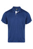 A blue polo shirt with contrasting white details on the sleeves and a logo on the collar.