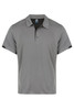 A grey polo shirt featuring a collared neckline and short sleeves. It has a logo on the front.