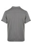 A grey polo shirt with a collar and short sleeves, featuring striped detailing and a logo.
