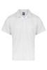 A white polo shirt with a collar and short sleeves, featuring a logo.