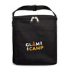 A black insulated bag with a zip closure and a front pocket, featuring a logo.