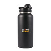 A drink bottle in sleek black with a black cap and a logo featuring the words "Glam Camp" in orange and white.