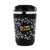 A drink bottle in matte black with a silver rim, featuring a playful design and a logo.