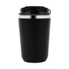A black drink bottle with a silver band around the lid and a secure closing mechanism.