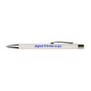 A white pen with a silver clip featuring a logo in blue text.
