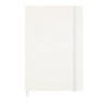 A white notebook with a grey elastic band and a ribbon bookmark. It has a smooth cover and no visible branding.
