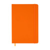 An orange notebook with a flexible cover and an elastic band closure. It features a gold ribbon bookmark.