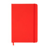 A red notebook with an elastic band closure and a ribbon marker. It features a solid cover and has no visible branding.