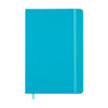 A turquoise notebook with a matching elastic band and a ribbon marker. It features a smooth, solid cover.