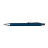 A blue pen with a silver clip and tip, featuring a smooth finish. It includes a branding logo.