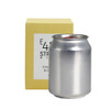 A silver can candle packaged in a yellow box, featuring a simple logo on the can.
