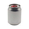 A silver can-shaped candle with a red pull tab at the top and a smooth surface. It has a simple design and a logo.