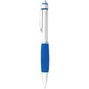 A metal pen with a blue grip and silver barrel, featuring a clip and a logo.