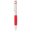 A metal pen with a silver body and a red rubber grip, featuring a clip and a branding logo.