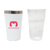 A drink bottle featuring a white exterior with a silver lid and a transparent cup beside it, both sleek in design.