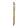 A bamboo pen with a silver clip and blue stylus tip, featuring a branding logo.