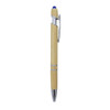 A bamboo pen with a silver clip and blue stylus tip, featuring a glossy chrome finish.