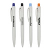 A collection of four white plastic pens with various coloured caps: purple, black, blue, and orange, each featuring a logo.