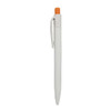 A white plastic pen with an orange tip and a clip, featuring a logo.