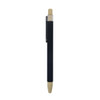 A black bamboo click pen with a natural bamboo tip and silver accents, featuring a clip and branding.