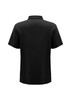 A black short sleeve polo shirt with a collar and a logo on the back.