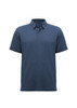 A navy blue short sleeve polo shirt with a collar and three buttons, featuring a logo on the chest.