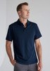 A navy blue short sleeve polo shirt with a collar, featuring a logo on the chest.