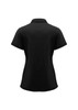 A black women's short sleeve polo shirt featuring a classic collar and a fitted design, including a branding logo.