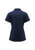 A navy blue women's polo shirt with short sleeves and a back view. It features a collar and has a logo.