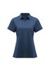 A women's short sleeve polo shirt in navy blue with a collar and buttons, featuring a logo on the chest.