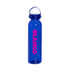 A drink bottle in blue with a pink logo. It has a screw-top lid and a handle for easy carrying.