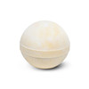 A bath bomb in a spherical shape, featuring a pale yellow hue with a smooth texture. It has a simple design.