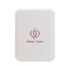 A white rectangular product featuring a logo in the centre with pink and gold accents.