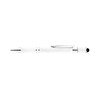 A white spinner pen with silver accents and a textured grip, featuring a logo.