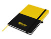 A notebook featuring a black and yellow design, with a branded logo and an elastic closure.