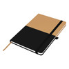A A5 notebook featuring a black and tan colour scheme, secured with an elastic band and including a bookmark ribbon.