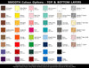 A colour chart displaying various options for the Designa Symphony A5 Notebook, featuring smooth and metallic shades.