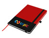 A red and black A5 notebook featuring a logo, with an elastic band closure and a ribbon marker.