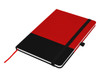A red and black A5 notebook with a black strap and ribbon bookmark, featuring a logo on the cover.
