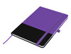 A purple and black A5 notebook with an elastic band closure and a ribbon bookmark, featuring a logo.