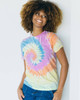 A tie-dye adult T-shirt featuring a spiral pattern in pastel colours of pink, blue, orange, and yellow.