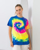 A tie-dye adult t-shirt featuring vibrant colours of blue, yellow, pink, and green, prominently displaying a spiral design.
